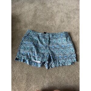 HM Blue Teal Ikat Geometric Print Shorts Womens Size 12 Flat Front Boho Summer